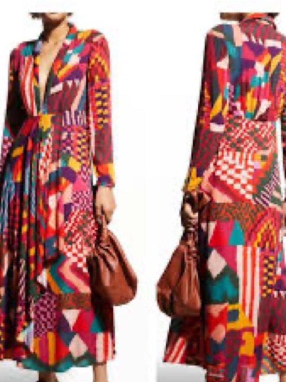 FARM Rio Abstract Patches Dress in Pineapple Garden Long Sleeve Maxi Dress NWT S